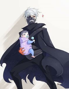 an anime character holding a baby in his arms and wearing a black cape with white hair