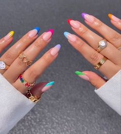 Fun Festival Nails, Carnaval Nails Design, Multi Colored French Nails, Simple Neon Nails, Simple Colorful Nails, Different Color French Tips, Multicolor French Tip Nails, Multi Colored French Tip Nails, Vibrant Nails Summer