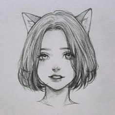 a pencil drawing of a girl with cat ears on her head, looking at the camera