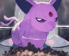 a purple pokemon sitting on top of a plate