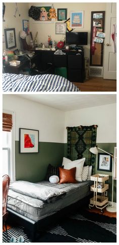 two pictures of a small bedroom with a bed and desk in the same room as well