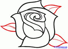 a drawing of a rose with red leaves on the bottom and one flower in the middle