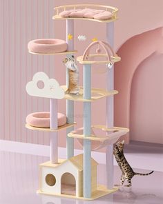 a cat is standing in front of a toy tree with several cats on it's shelves