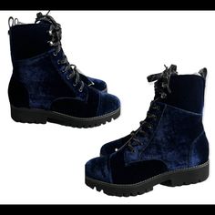 Donald J. Pliner Hpeaseu Dark Blue- Combat Lug Sole Velvet Lace Up Boots/Booties Size 6.5 Blue Boots, Velvet Lace, Lug Sole, Lace Up Boots, Bootie Boots, Dark Blue, Ankle Boots, Color Blue, Lace Up