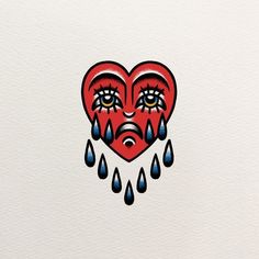 a red heart with tears and tears hanging from it's sides on a white background