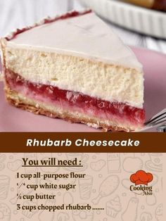 a piece of cake on a pink plate with a fork next to it and an ad for rhubarb cheesecake