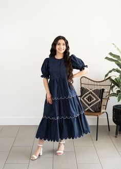 Navy Scalloped Edge Dress – Le Blush Bow Clothing Closet, Stylish Kurtis Design, Ruffle Tiered Dress, Teacher Wardrobe, Simple Frocks, Modest Outfit, Simple Kurta Designs, Designer Kurti Patterns, Pattern Dress Women