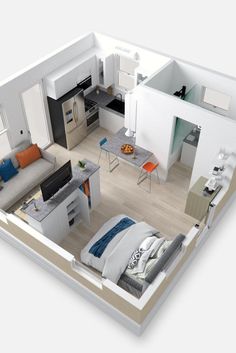 an aerial view of a living room, kitchen and dining area in a one bedroom apartment