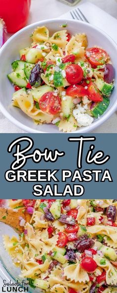 two pictures with different types of pasta and vegetables in them, one has the words bow tie greek salad on it