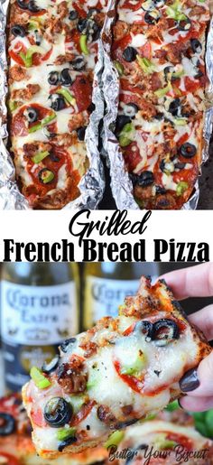 two different views of grilled french bread pizza with olives and pepperoni on top