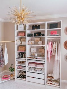 an organized closet with shoes, handbags and purses on the shelves next to it