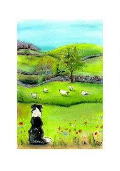 two paintings of sheep and a dog in a green field with flowers on the ground