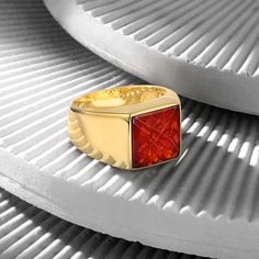 OTTASILVER 18K Gold Basic Ring with Red Zircon Red Rectangular Rings With Polished Finish, Rectangular Red Rings With Polished Finish, Red Rectangular Ring With Polished Finish, Luxury Red Signet Ring, Classic Radiant Cut Red Jewelry, Classic Red Radiant Cut Jewelry, Red Gemstone Ring With Rectangular Stone, Red Rectangular Jewelry With Polished Finish, Red Rectangular Gemstone Ring