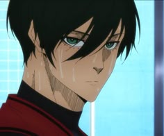 an anime character with black hair and green eyes looking at the camera while staring straight ahead