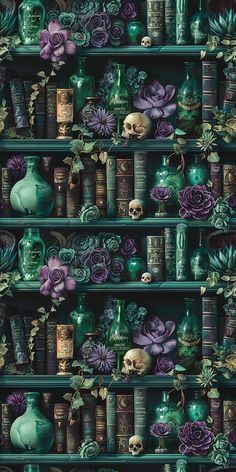 a shelf filled with lots of green and purple vases