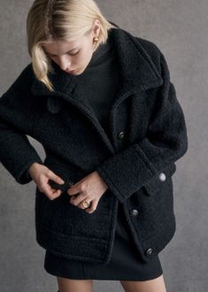 Short coat;High collar with button placket;Side pockets with flaps and button closure;Front button placket;Lined;Length from shoulder 68 cm / 26.8 in (for a 36) Autumn Fashion Capsule, Winter Coat 2024, Wool Coat Short, Black Wool Coat Women, Short Winter Coat, Short Wool Coat, Wool Short Coat, Winter Coat Short, Black Winter Coat