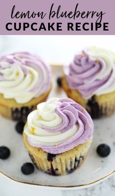 lemon blueberry cupcakes with white frosting on a plate