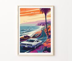 an art print of a car driving down the road with palm trees on either side