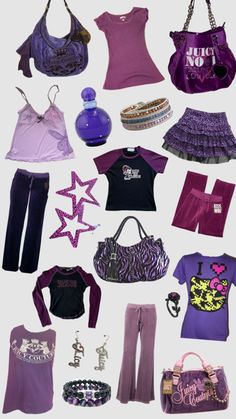 Purple Y2k Clothes, Bebe Clothes 2000s, Y2k Purple Outfit, Purple Y2k Outfit, Purple Mcbling, Mcbling Fits, Purple Clothes Aesthetic, 2000s Fashion Pink, 2008 Style