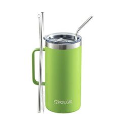 thermos travel mug with straw in it is green and has a stainless steel lid