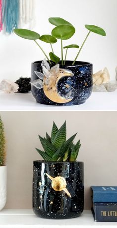 two different types of planters sitting on top of a white shelf next to each other