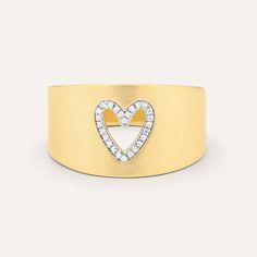 SKU# R-0329 Ring Size - Available in 4 to 10 size Diamond Weight 0.04cts Ring Width 12.80 mm Thickness 5.0 mm Finish 14k gold plated sterling silver or in sterling silver. Avoid contact with anything containing derivatives of alcohol. Valentine's Day Round Yellow Gold Diamond Ring, Valentine's Day Vvs Clarity Yellow Gold Diamond Ring, Gold Sterling Silver Heart Ring With Diamond Accents, Gold Heart Ring With Pave Setting For Promise, Gift Wide Band Diamond Ring With Single Diamond, Gold Heart Ring With Pave Setting, Elegant Gold Heart Ring With Pave Setting, Gold Wide Band Jewelry With Single Diamond, Single Diamond Wide Band Ring As Gift