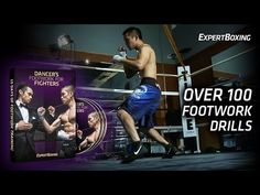 a man standing in front of a boxing ring with the words over 100 footwork drills