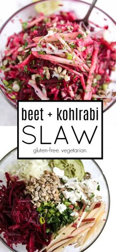 beet and kohlrabi slaw salad in two bowls with text overlay