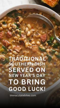 This Southern black-eyed pea recipe will indeed make you feel lucky once you taste it. What is your favorite Southern soul-food recipe, holiday food on New Year's day? And if you want more mouthwatering easy recipes, subscribe to my newsletter for the latest dinner recipes, ideas and more. 😉 Black Eyed Peas Recipe New Years, New Year's Eve Food Traditions, Southern Black Eyed Peas Recipe, Southern Black Eyed Peas, New Years Day Meal, Dinner Recipes Ideas, Lucky Food