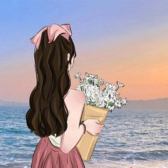 a painting of a girl on the beach with flowers in her hand, looking at the ocean