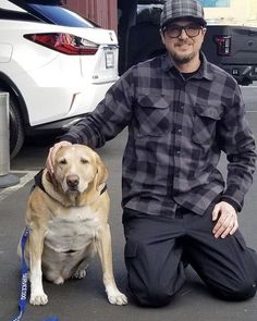 a man kneeling down next to a brown and white dog