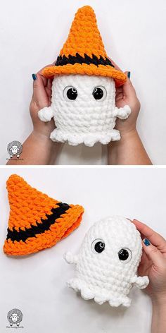 crocheted halloween decorations made to look like ghostes and pumpkins with eyes