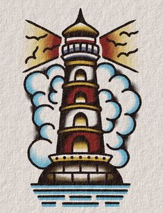 a drawing of a lighthouse in the sky with clouds and sun coming out of it