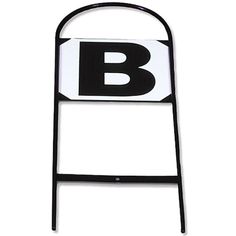 a black and white sign with the letter b in it's center, sitting on top of a metal stand