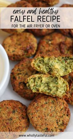 some broccoli patties are stacked on top of each other and the words easy and healthy falafel recipe for the air fryer or oven