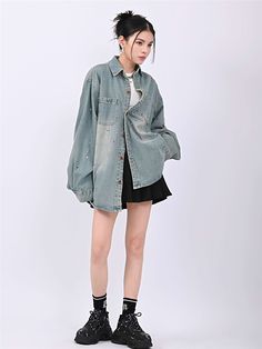 Show off your unique style with this Paint Splatter Oversized Denim Jacket. Perfect for any casual occasion, this fun and creative jacket is sure to bring out your inner fashionista. Crafted with a lightweight and comfortable fit, you'll have no problem flaunting it over any top, or even wearing it alone. The oversized cut makes it easy to pair with shorts or skirts, while the paint splatters add just the right amount of pizzazz. Don't hesitate to add this denim jacket to your wardrobe today!
Ge Ripped Denim Jacket Outfit, Baggy Blazer Outfit, Oversized Jean Jacket Outfit Aesthetic, Denim Jacket Over Dress, Denim Jacket With Shorts, Oversize Denim Jacket Outfit, Oversized Top Outfit, Clothes For Short Women, Oversized Denim Shirt Outfit