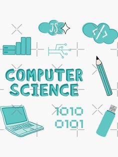 the words computer science are surrounded by icons and symbols on a white background with blue pencils