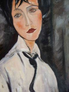 a painting of a woman wearing a white shirt and black tie