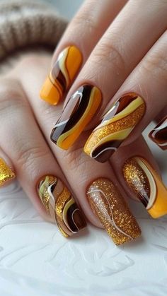 Yellow And Gold Nails, Gold Nail Ideas, Thanksgiving Nail Designs, Tapered Square Nails, Gold Nail Designs, Stunning Nail Designs, Nail Art Trends, Fancy Nails Designs