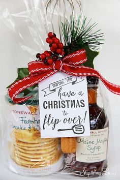 a bag filled with cookies, jams and crackers