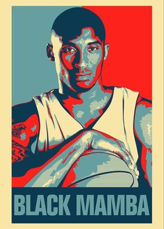 an image of a basketball player with the words black mamba in red, white and blue