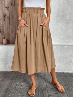 Khaki Casual Collar  Woven Fabric Plain Flared Embellished Non-Stretch  Women Plus Clothing Pocket Skirt, Style Sportif, Pleated Long Skirt, Lounge Dress, Summer Linen, Corduroy Dress, Mid Length Skirts, Plus Size Skirts, Vintage Casual