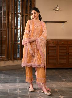 Mulmul Luxe Tissue Majhi Burnt Orange Anarkali Kurta with Mulmul Modal Wedding Wear Pakistani, Elegant Prints, Festive Wedding, Stylish Pants, Ethnic Dress, Intricate Embroidery, Simple Trendy Outfits, Long Tunic