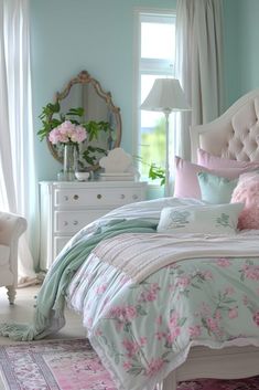 a bedroom with blue walls and pink flowers on the bed, along with white furniture