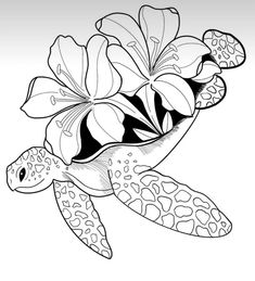 a black and white drawing of a sea turtle with flowers on its back, swimming in the water