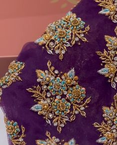 Buttas In Aari Work Blouse, Buttas In Aari Work, Aari Buttas, Traditional Saree Blouse Designs, Exclusive Blouse Designs, Pink Blouse Designs, Magam Work, Blue Blouse Designs, Saree Tassels Designs