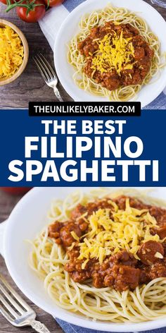 two plates of spaghetti with sauce and cheese on top, the title reads the best filipino spaghetti