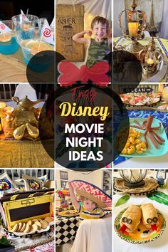 a collage of disney movie night ideas including food, drinks and desserts for kids