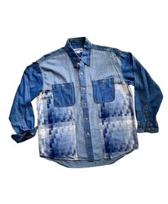 Embrace individuality with our one-of-a-kind vintage denim shirt collection! Crafted from 100% cotton, each long-sleeve shirt is a unique blend of upcycled fabrics and patterns, meticulously combined to create a cool, trendy, and vintage patchwork design as showcased in the pictures. This pre-owned authentic piece offers a distinctive flair to your casual wardrobe, perfect for any occasion. Explore the measurements below - if it fits, seize the opportunity before it's gone! Features: - Vintage patchwork blend of denim and cotton shirts. - Perfect fusion of various denim patterns. - Featuring a curved hem. - Exceptionally unique design." Size: M (on tag) - Length (centre of back neckline to bottom): 28.5 - 31" - Armpit to armpit: 49" - Shoulder to shoulder: 21" - Sloped Sleeves (Above shoul Medium Wash Patchwork Long Sleeve Tops, Medium Wash Long Sleeve Patchwork Top, Blue Reworked Long Sleeve Top, Blue Long Sleeve Reworked Tops, Jeans Unique, Denim Shirts, Jean Vintage, Patchwork Denim, Denim Patterns