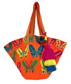 These Colorful Tote Beach Bags are the must have for summer! Neon Colors to brighten your summer days! Lightweight, durable and machine washable, this stunning crochet tote bag is the perfect accessory for a day at the pool or beach! One of a kind designs, so only one of each is available. You can fit all your beach/pool essentials in boho chic style! Details: Handwoven using the double-thread & one needle crochet technique Their shoulder handles are hand-loomed. Material: Acrylic Threads (Cotto Beach Tote Bags Summer, Crochet Totes, Pool Essentials, Needle Crochet, Orange Neon, Orange Butterfly, Crochet Tote Bag, Boho Chic Style, Crochet Tote